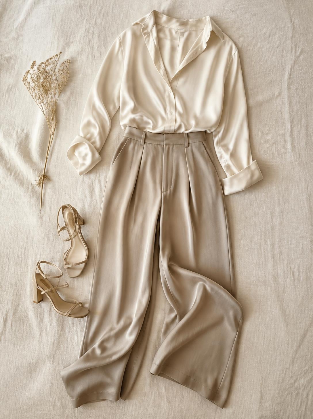 Flatlay of wide-leg satin-look trousers, a silk-look blouse and heeled sandals on a warm cream linen surface