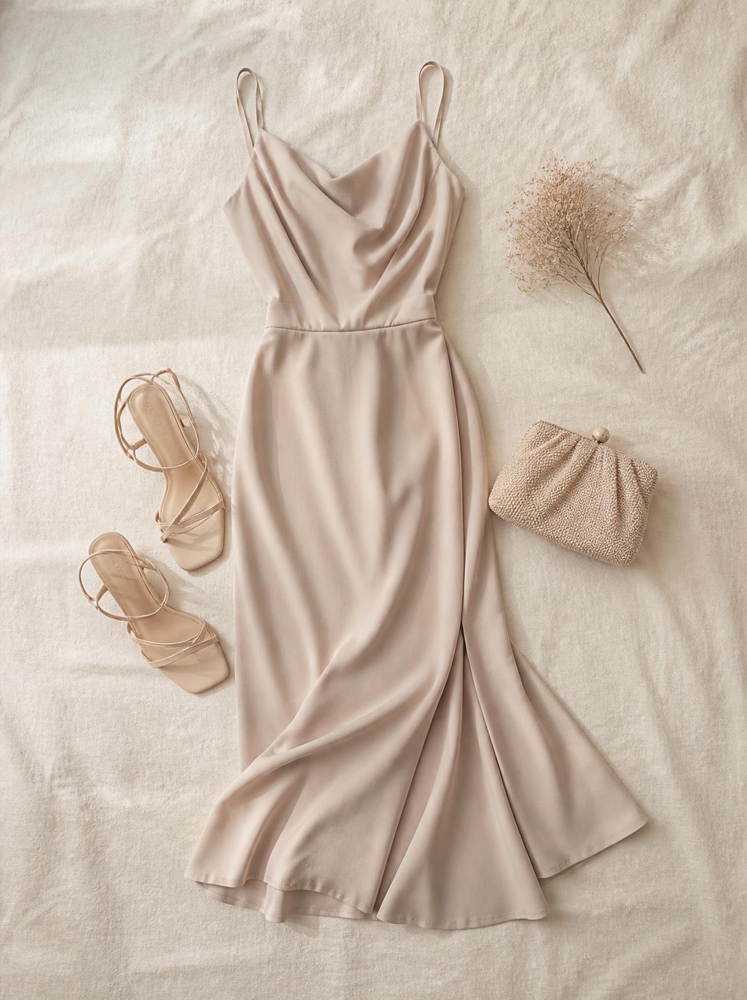 Flatlay of a midi dress in a soft colour, strappy sandals and a small clutch on a warm cream linen surface