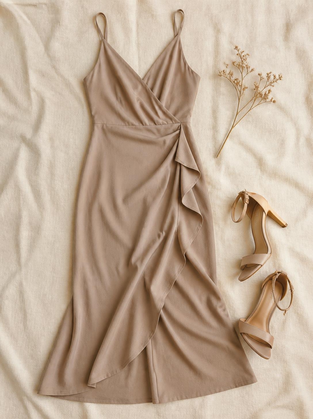 Flatlay of an elegant midi dress and heeled sandals on a warm cream linen surface