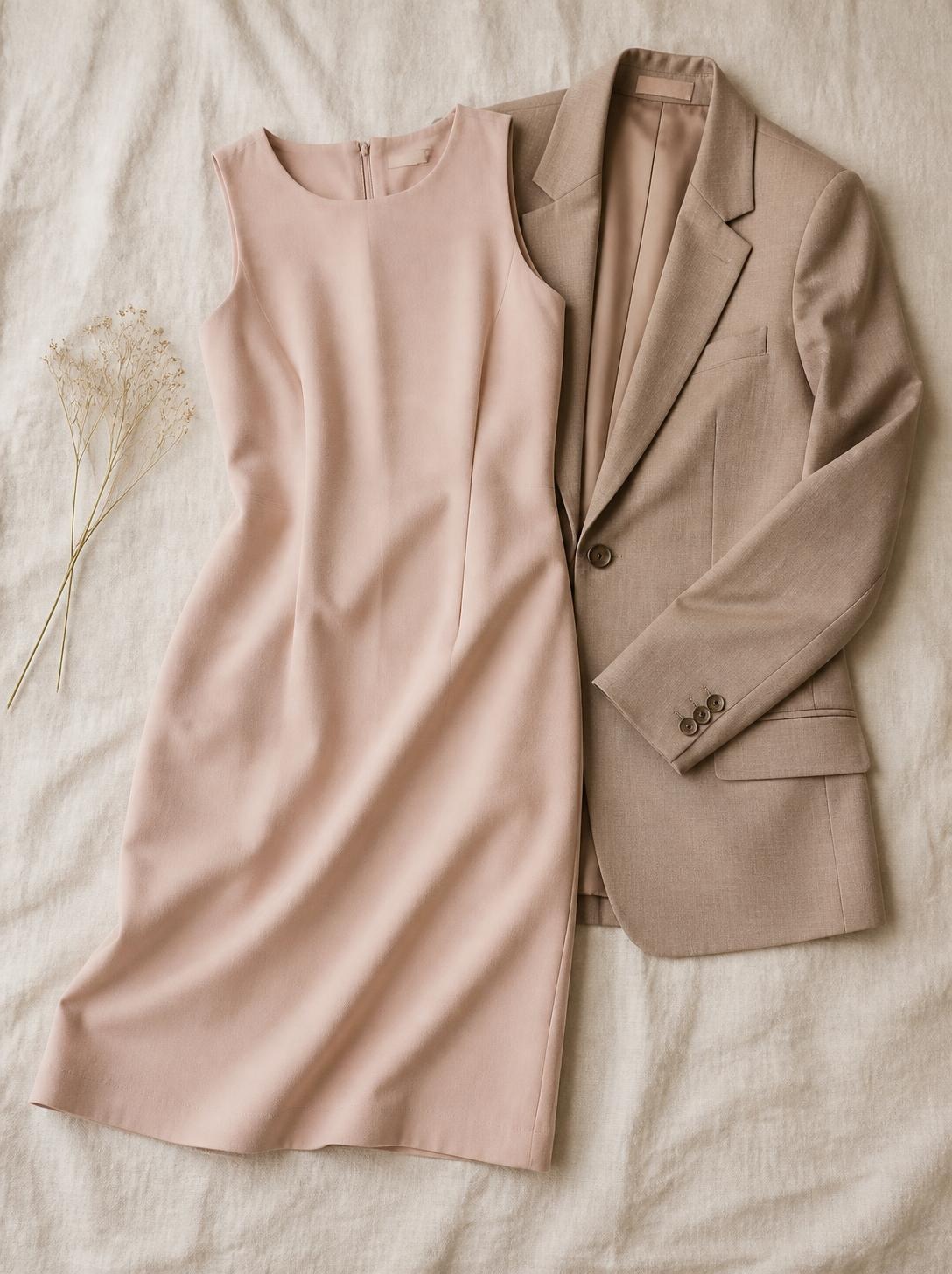 Flatlay of a pastel shift dress and a tailored blazer on a warm cream linen surface