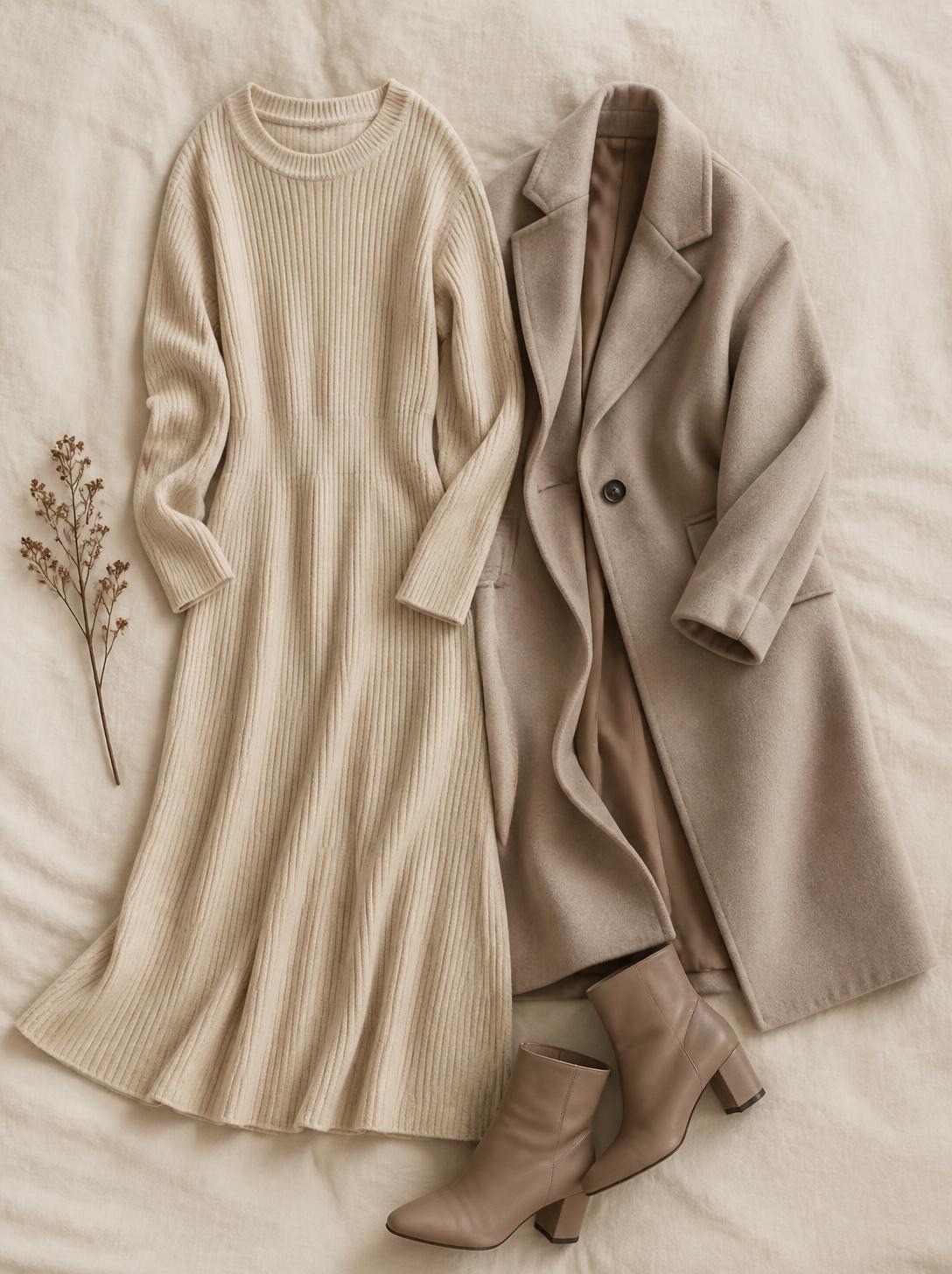 Flatlay of a knit midi dress, a long coat and ankle boots on a warm cream linen surface