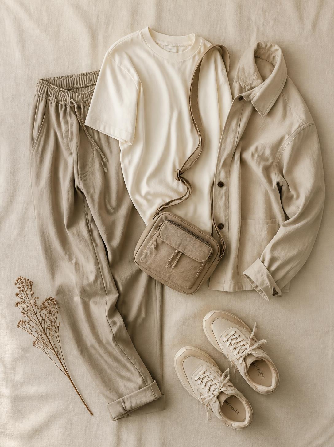 Flatlay of comfortable trousers, a t-shirt, sneakers, a crossbody bag and a light jacket on a warm cream linen surface
