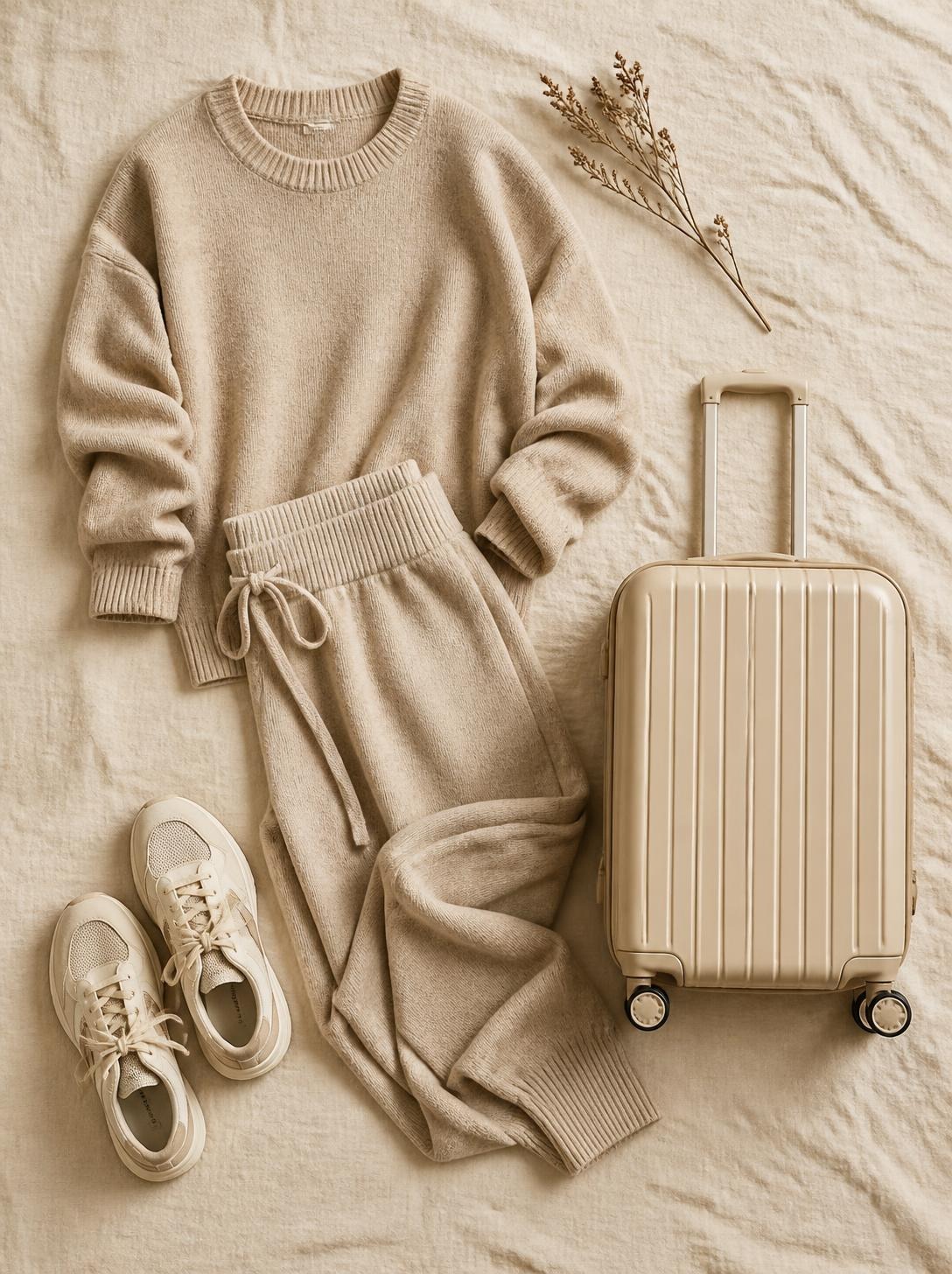 Flatlay of a knit set, sneakers and a carry-on suitcase on a warm cream linen surface