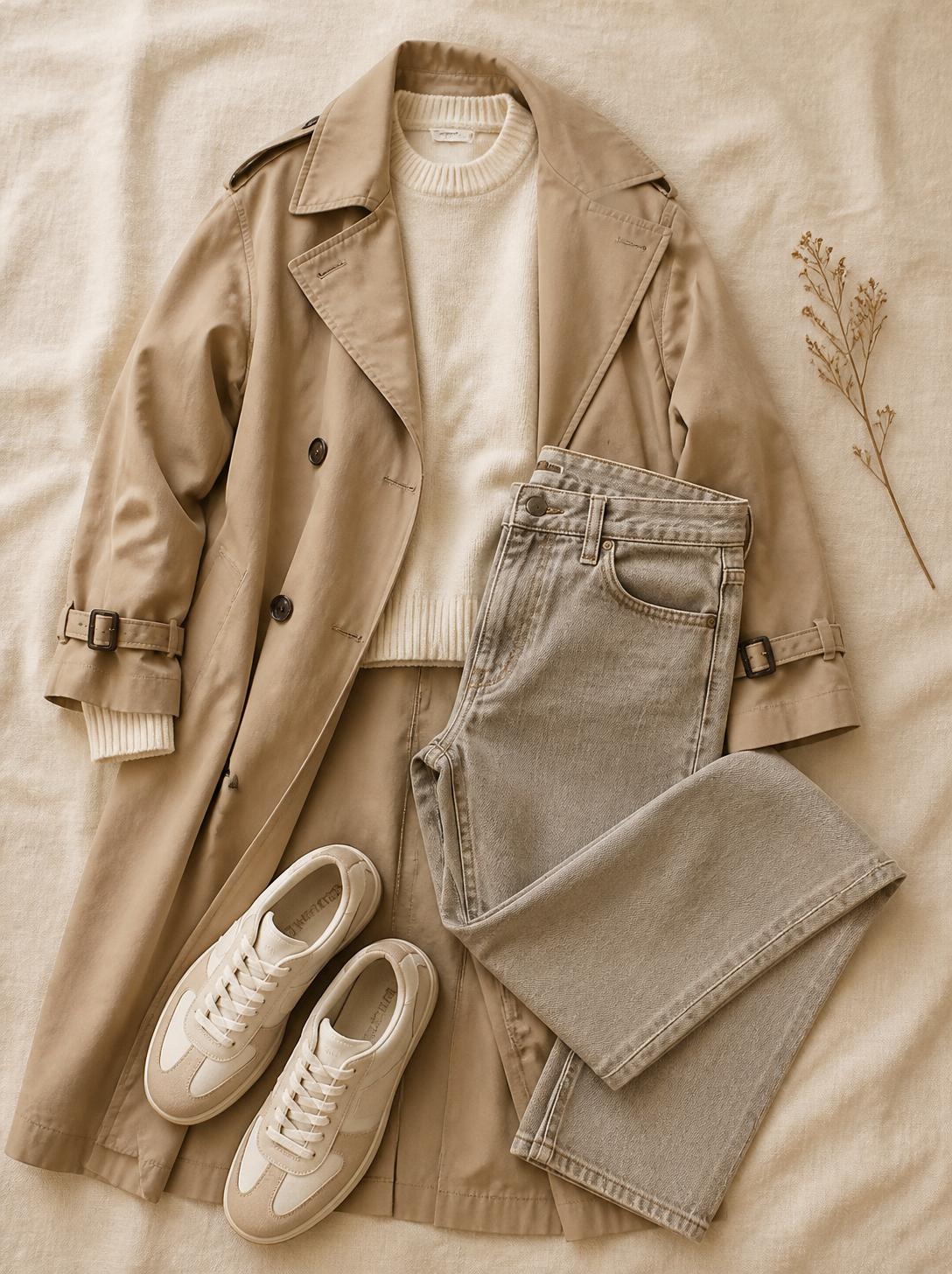 Flatlay of a trench coat, straight jeans and sneakers on a warm cream linen surface