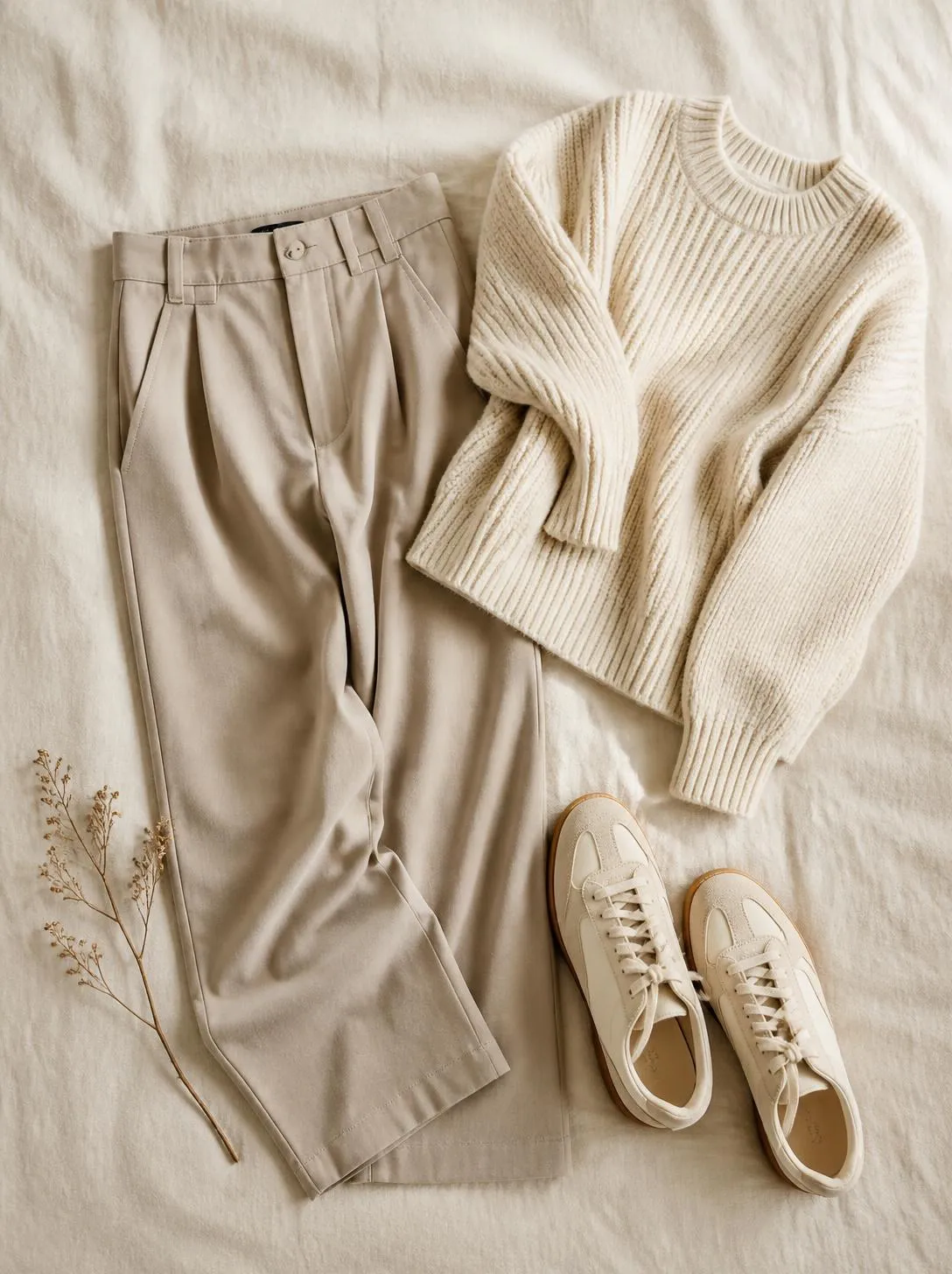 Flatlay of relaxed trousers, a knit and sneakers on a warm cream linen surface