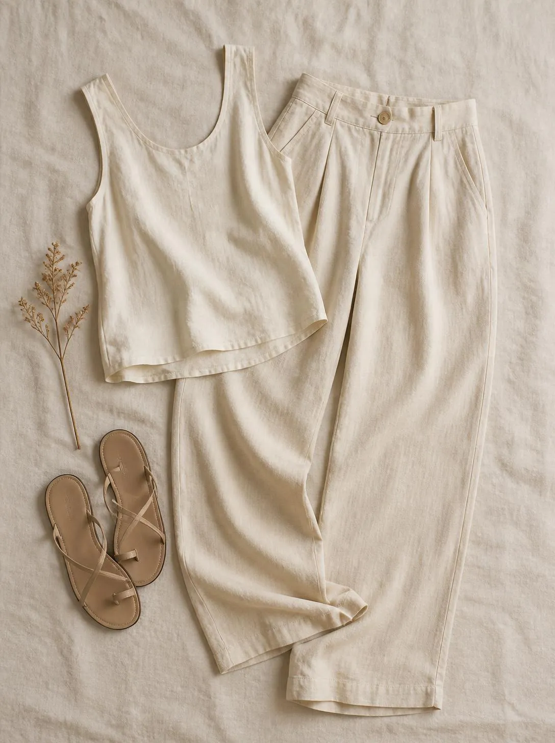 Flatlay of linen trousers, a sleeveless top and sandals on a warm cream linen surface