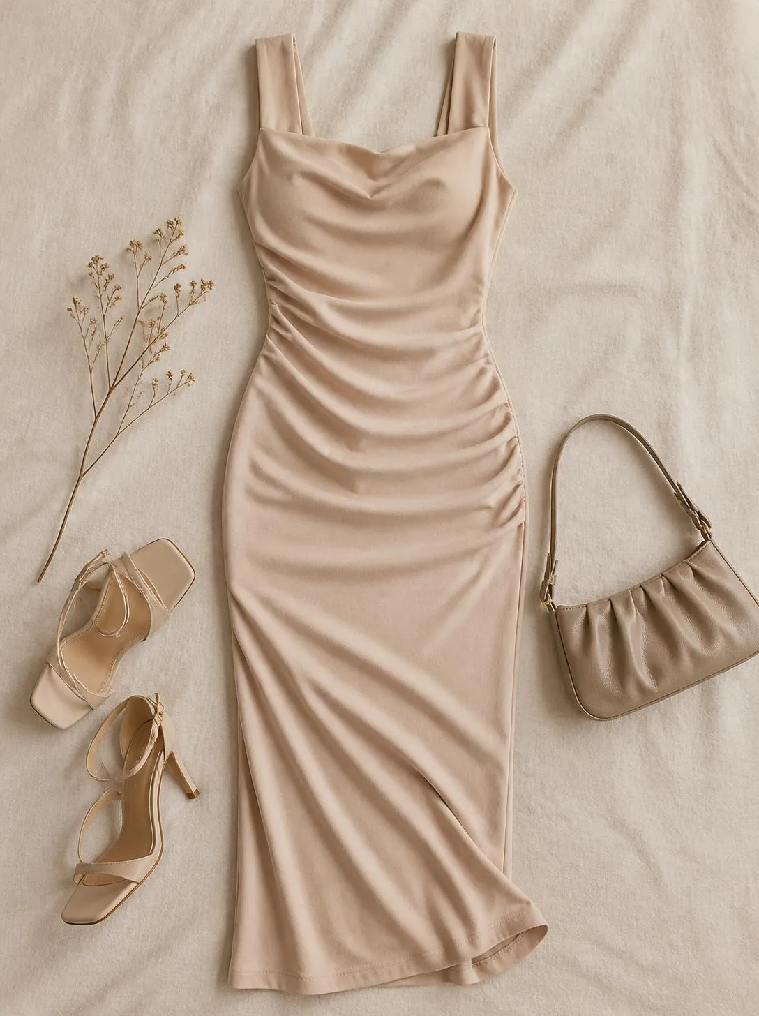 Flatlay of a fitted midi dress, heeled sandals and a small bag on a warm cream linen surface