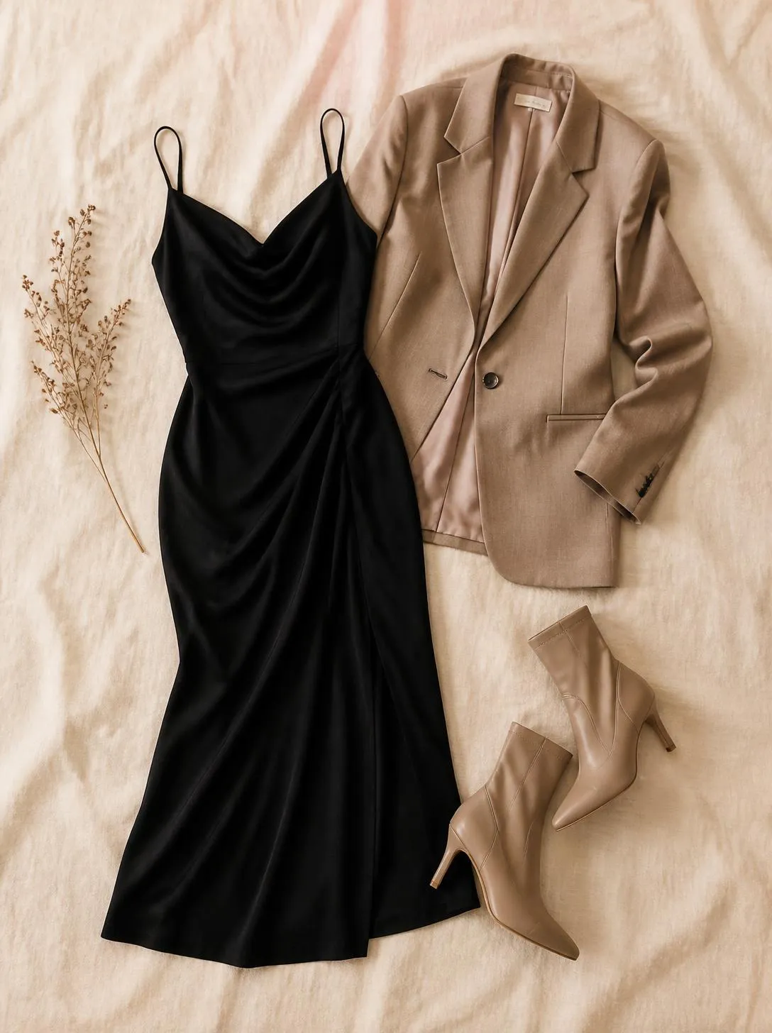 Flatlay of a black midi dress, a blazer and heeled boots on a warm cream linen surface
