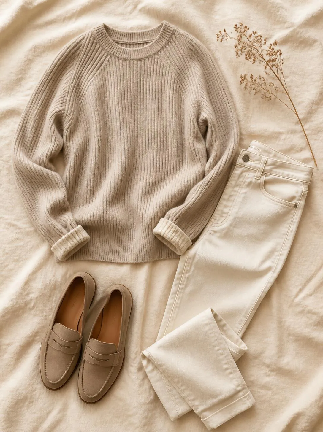 Flatlay of a fitted knit, jeans and loafers on a warm cream linen surface