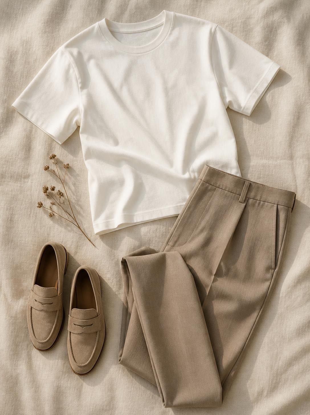 Flatlay of a white t-shirt, tailored trousers and loafers on a warm cream linen surface