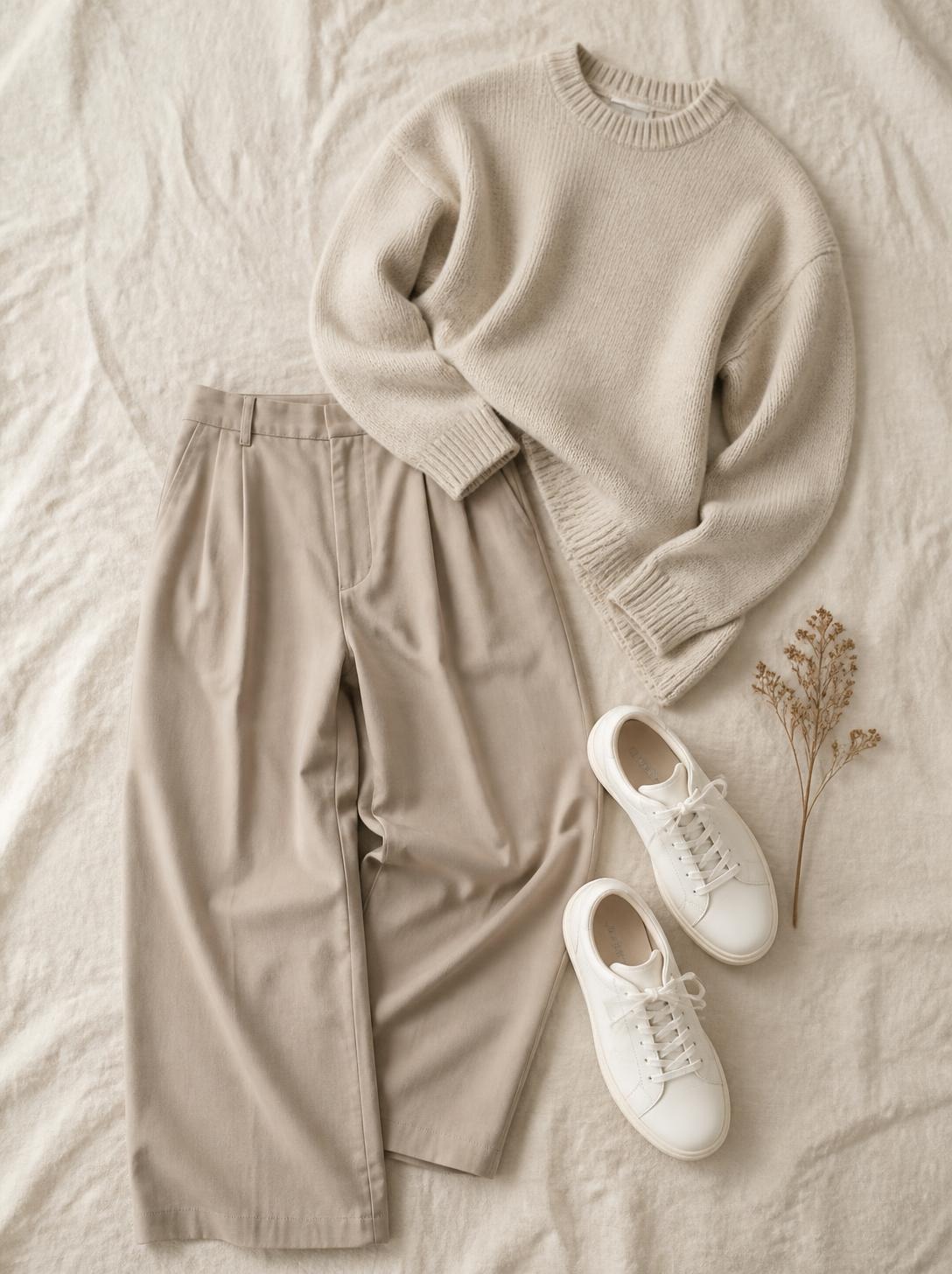 Flatlay of wide trousers, a knit and white sneakers on a warm cream linen surface