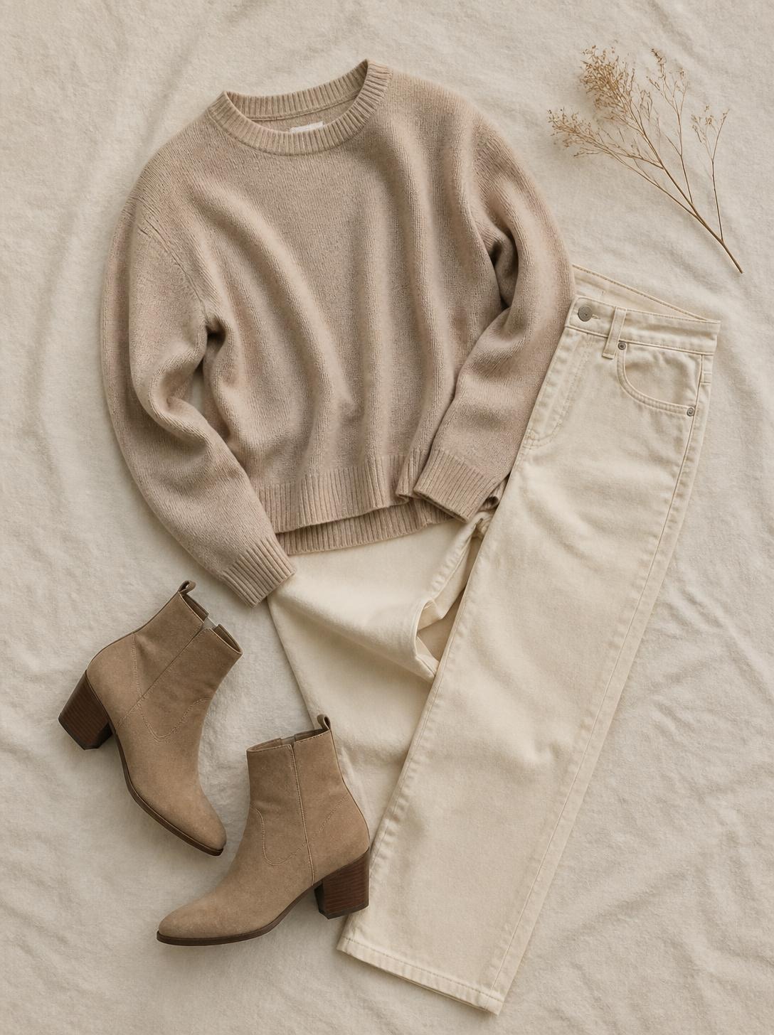 Flatlay of a fine knit, straight jeans and boots on a warm cream linen surface