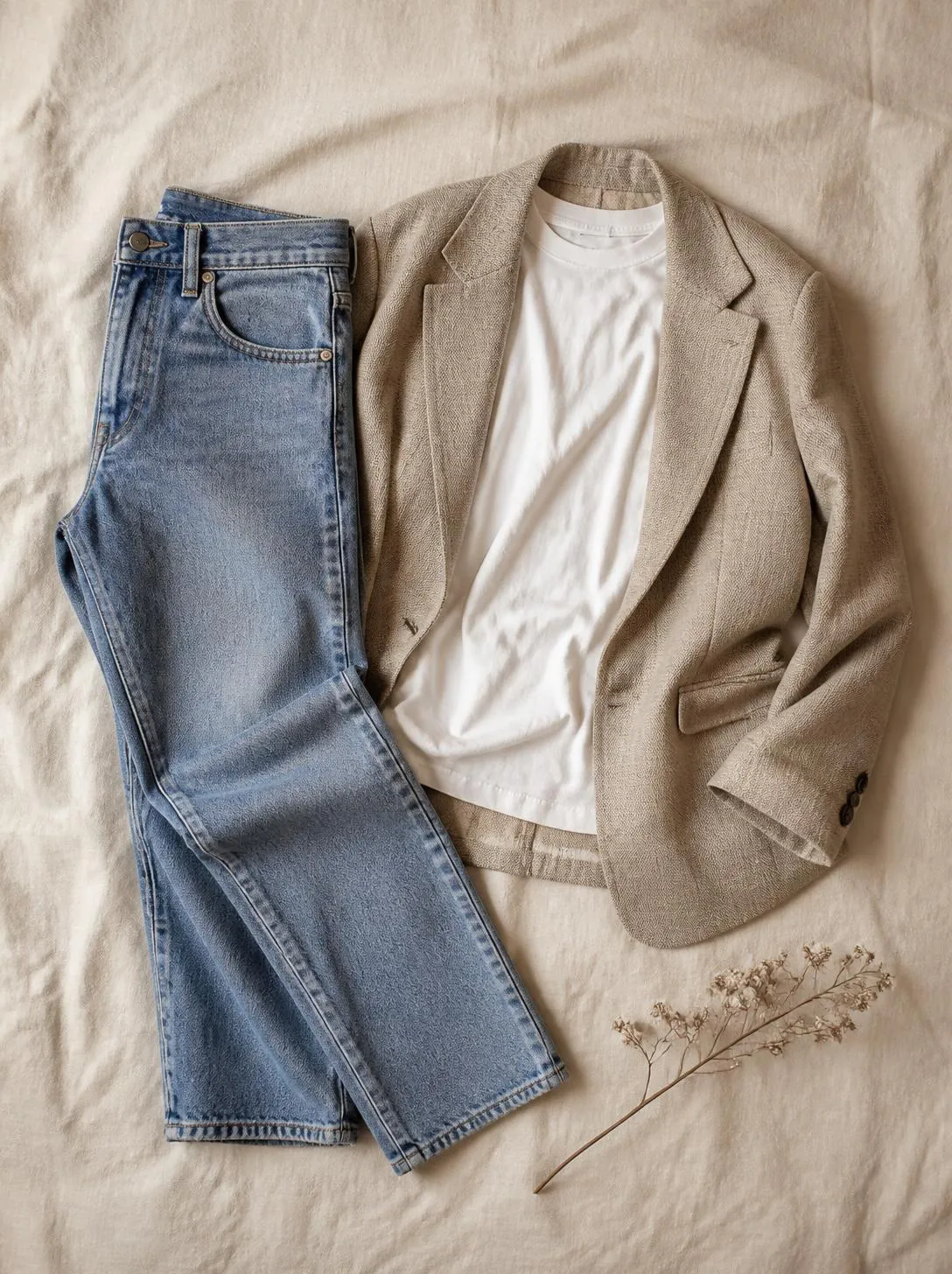 Flatlay of straight jeans, a blazer and a white t-shirt on a warm cream linen surface