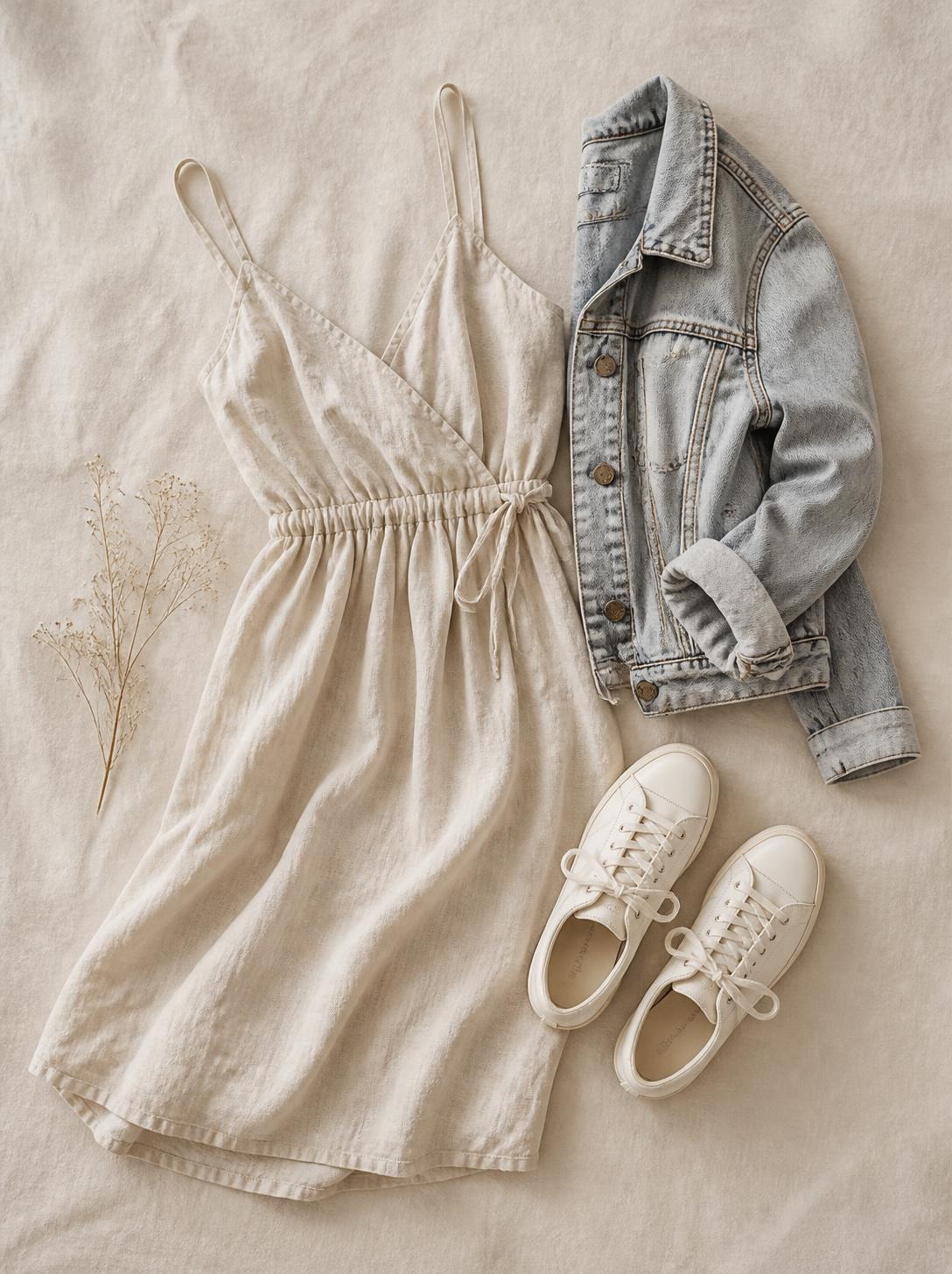 Flatlay of a linen-look summer dress, sneakers or sandals and a denim jacket on a warm cream linen surface