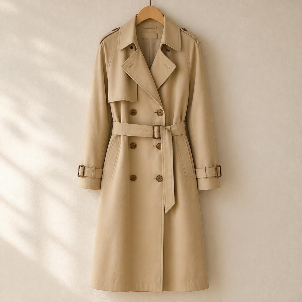 Beige trench coat hanging on a wooden hanger against a cream wall