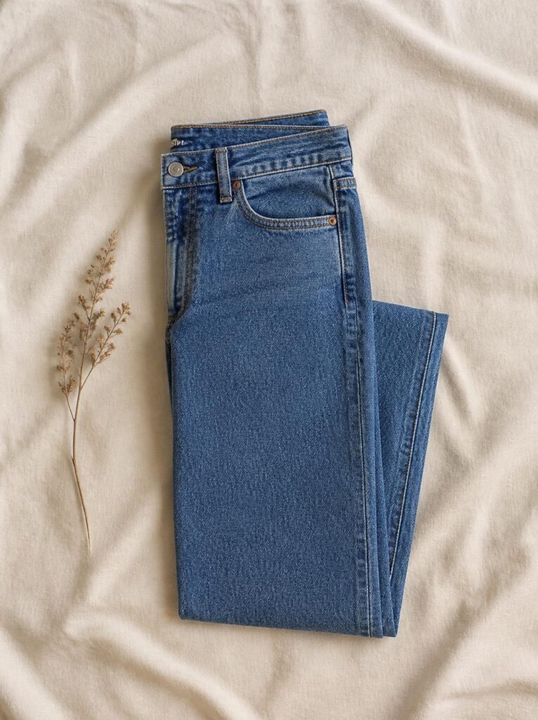 Straight-leg mid-blue denim jeans folded neatly with the hems aligned on a cream background