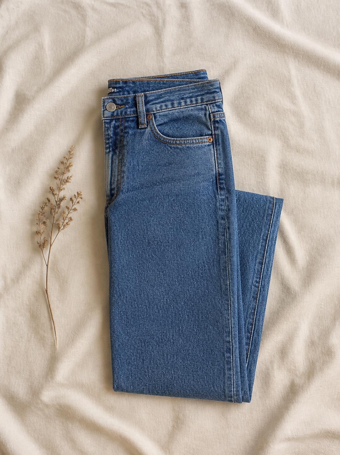 Folded blue jeans, laid flat