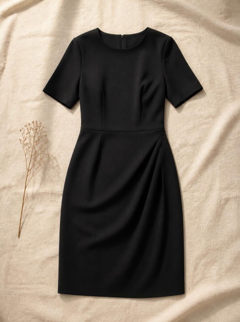 Simple black knee-length dress laid flat with the sleeves smoothed on a cream background