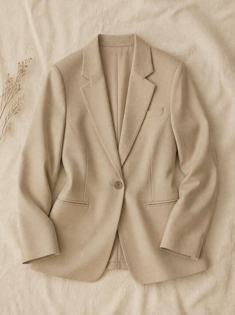 Tailored beige blazer laid flat with the lapels visible on a cream background