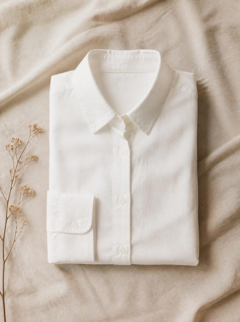 Crisp white button-down shirt folded neatly with the collar visible on a cream background
