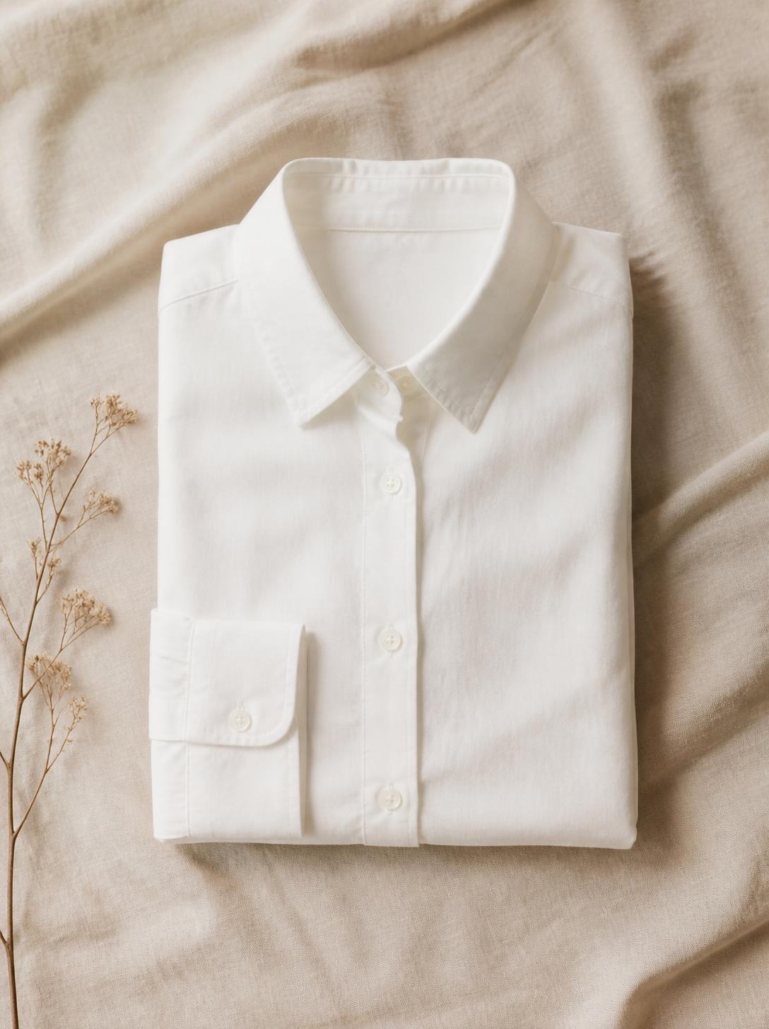 Crisp white button-down shirt folded neatly with the collar visible on a cream background