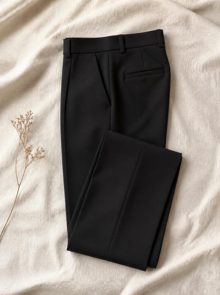 Pair of tailored black trousers folded with a visible crease on a cream background