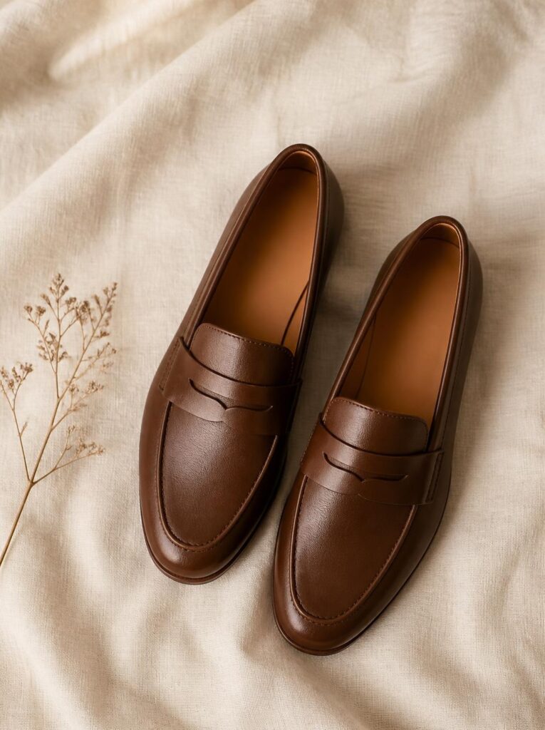 Pair of brown leather loafers placed side by side at a slight angle on a cream background