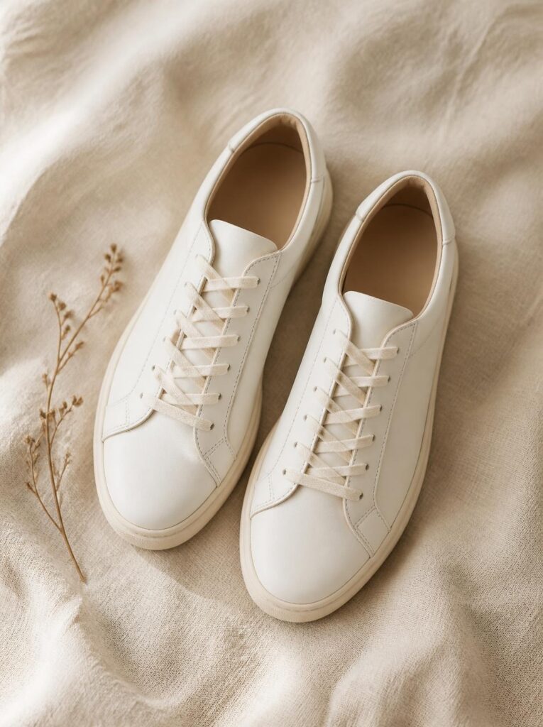 Pair of white leather sneakers placed side by side at a slight angle on a cream background