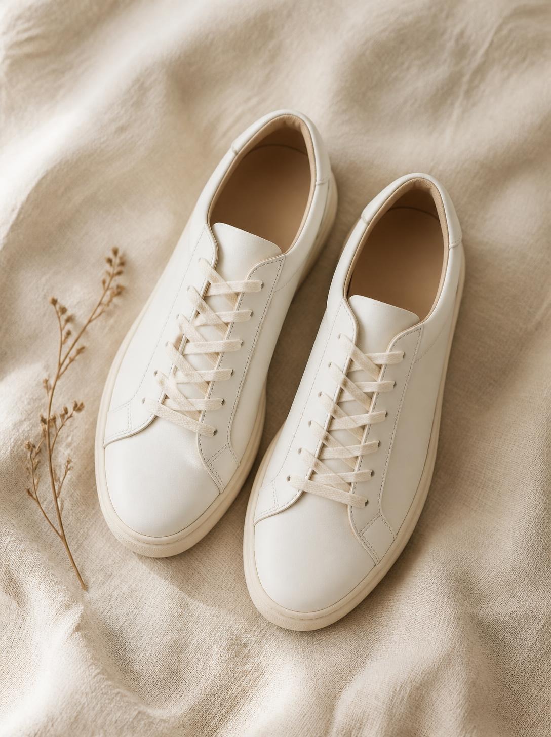 White sneakers, laid flat